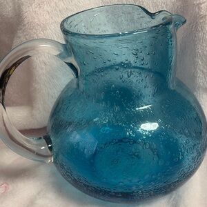 Blue Glass Pitcher with Clear Handle